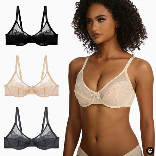Lifting-BHs aus Spitze für Damen, transparent, Balconette-Schnitt, volle Abdeckung, Bügel, ungefüttert, Alltags-BHs, Dessous